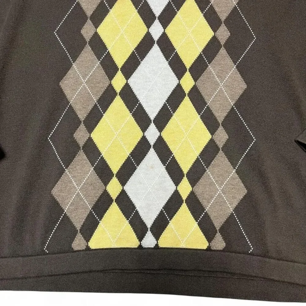Banana Republic Men's Brown White and Yellow Argyle Patterned Jumper